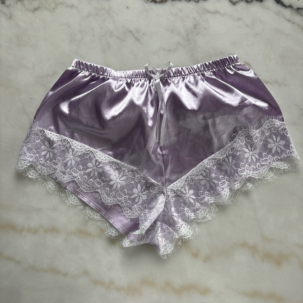 Purple Satin Pajama Shorts Silk-Feel Lingerie French Knickers Lace Trim Size S